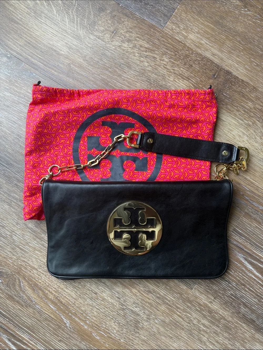 Tory Burch Black Leather Logo Clutch with Gold Medallion and Chain Strap